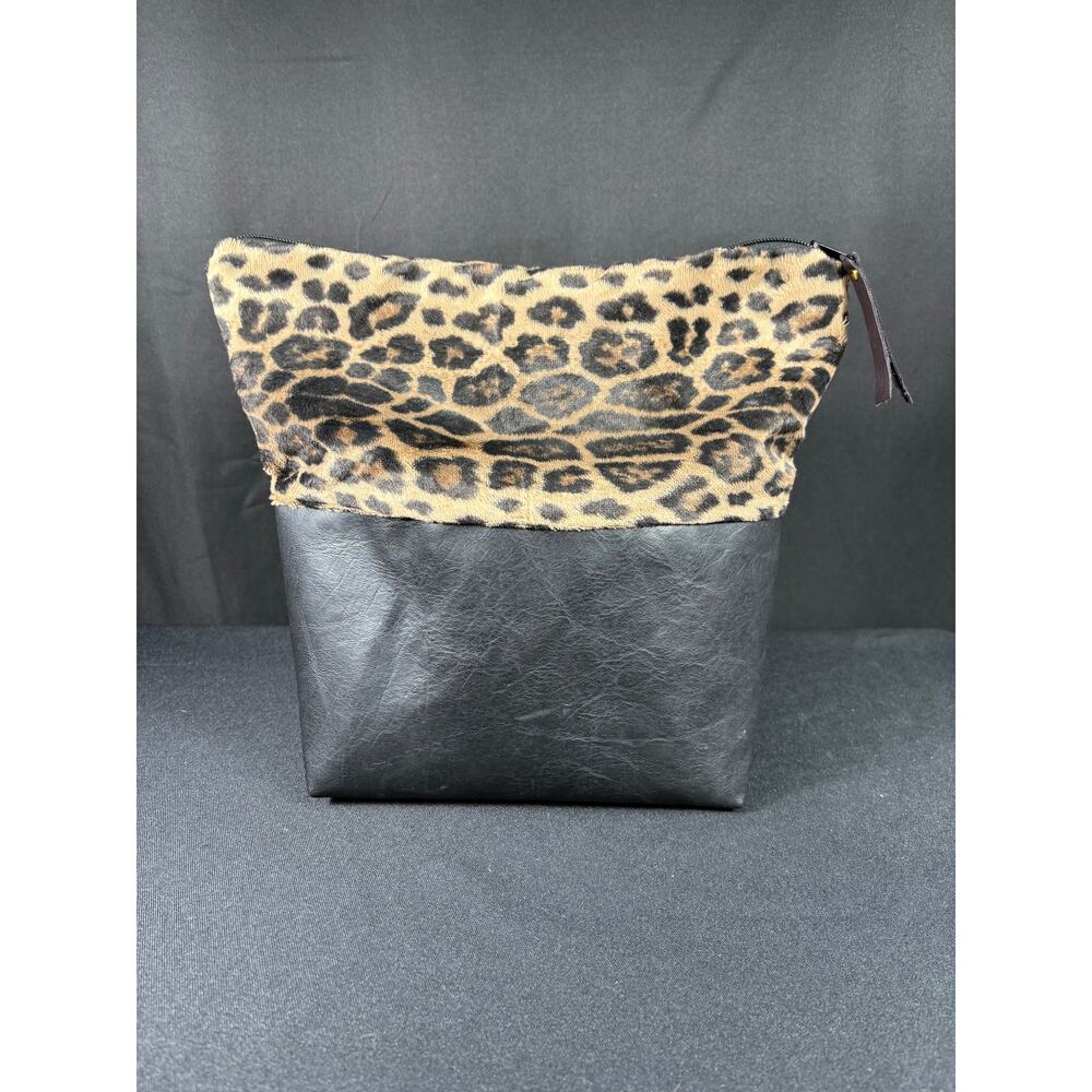 Leopard Print & Faux Black Leather Large Bag Handmade One of Kind Travel Case